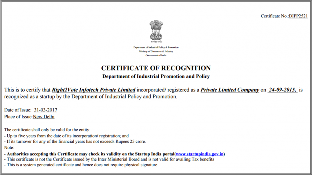 Certificate of Recognisation by Govt. Of India - Right2Vote